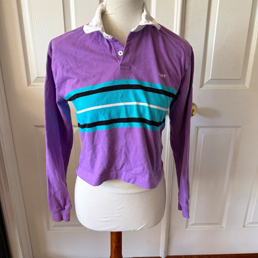 OBEY Riley Womens Small Orchid Teal Striped Cropped Rugby Polo Long Sleeve Y2K